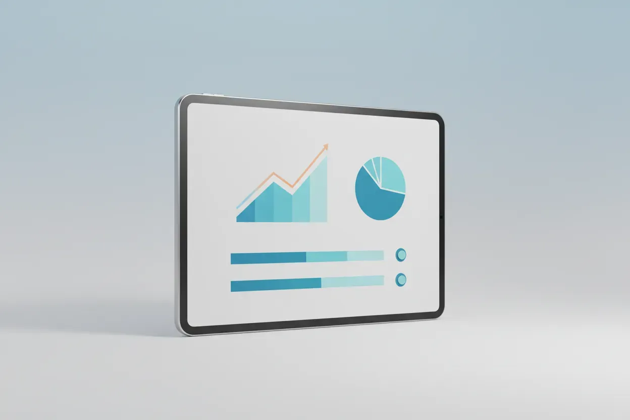 Tablet displaying a text-free analytics dashboard with charts and progress bars on a soft gradient background.