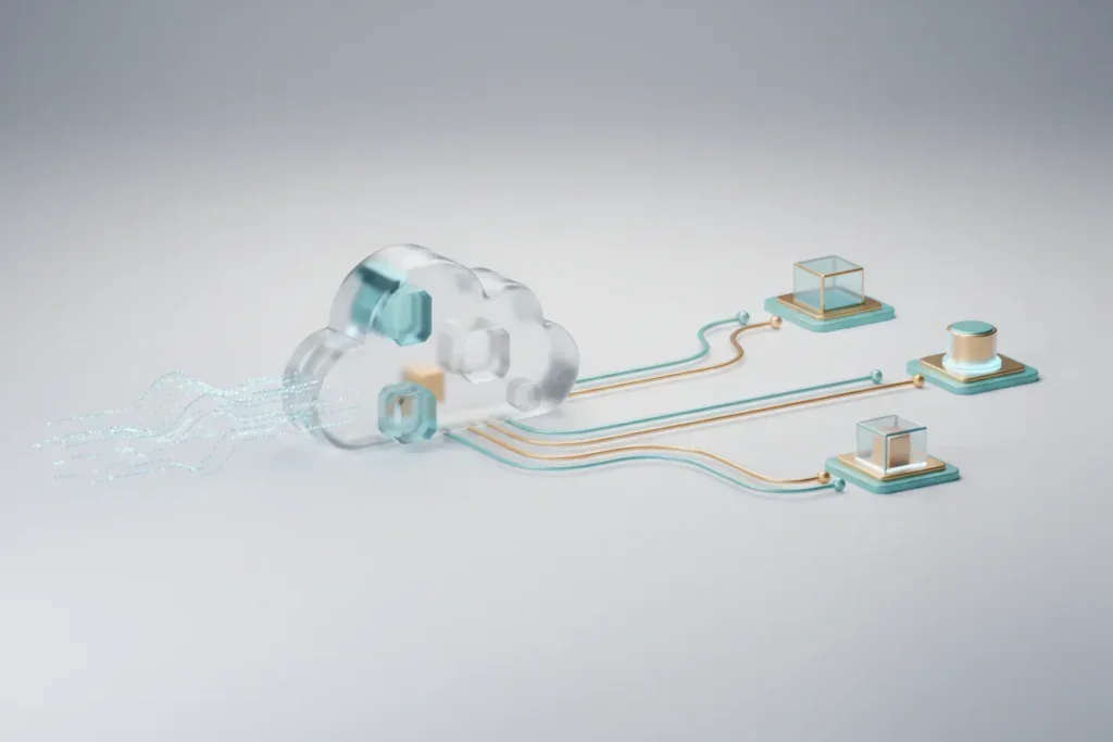 Glowing serverless cloud automatically routing data into modular service nodes on a clean neutral background.