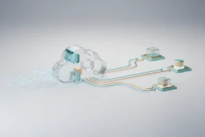 Glowing serverless cloud automatically routing data into modular service nodes on a clean neutral background.