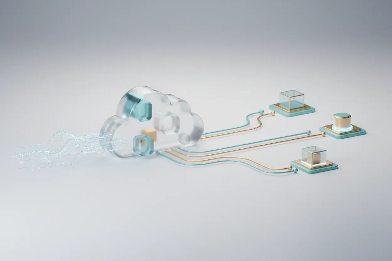 Glowing serverless cloud automatically routing data into modular service nodes on a clean neutral background.