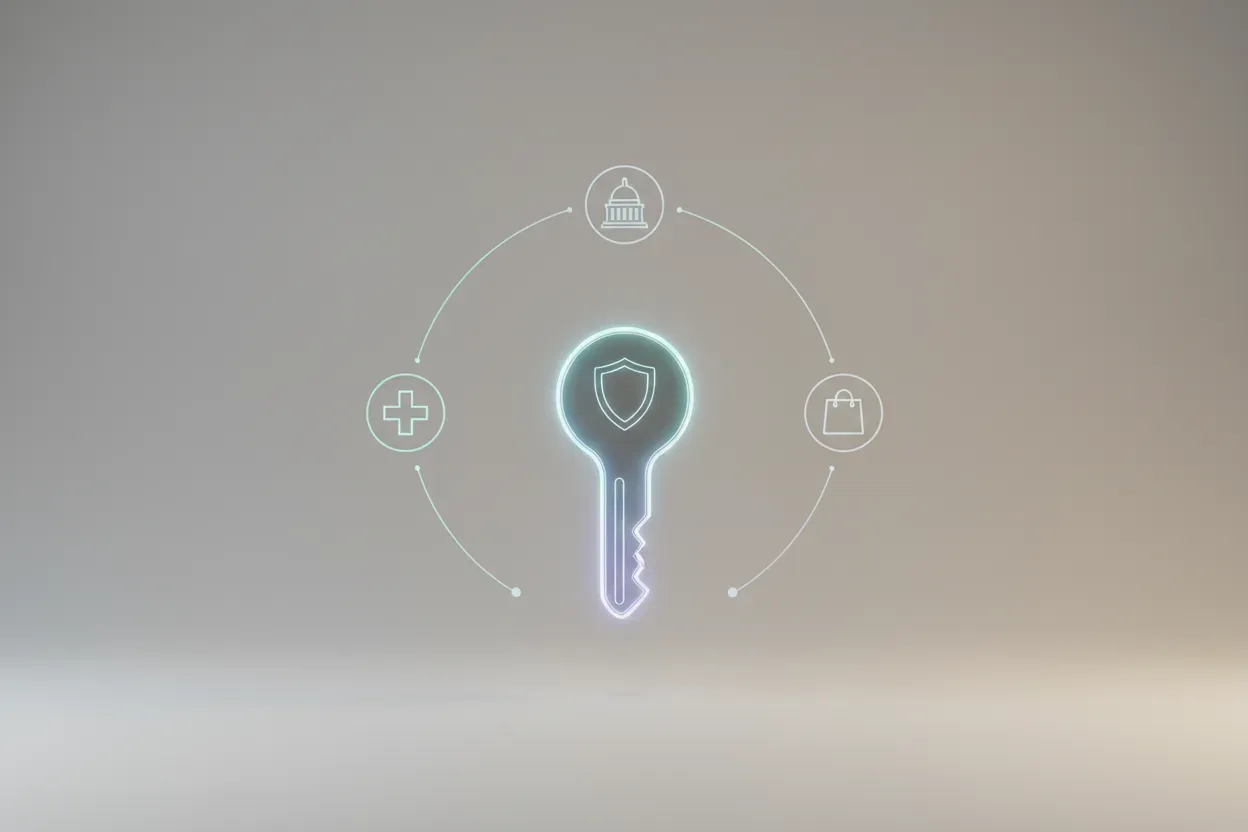 Luminous digital identity token connecting securely to healthcare, government, and shopping services on a soft neutral background.