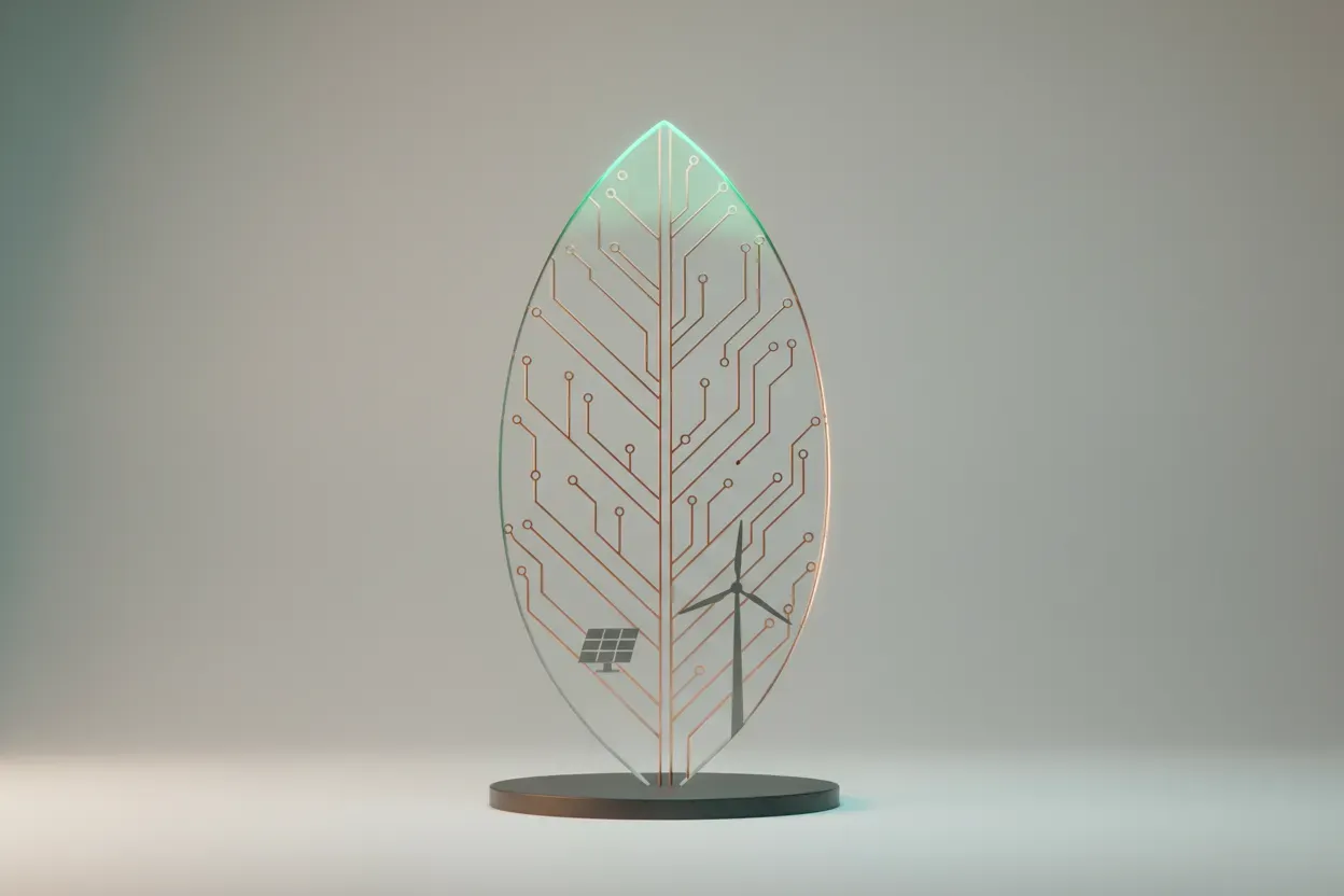 Translucent glass leaf with copper circuit veins, etched solar panel and wind turbine, on a soft grey gradient background.