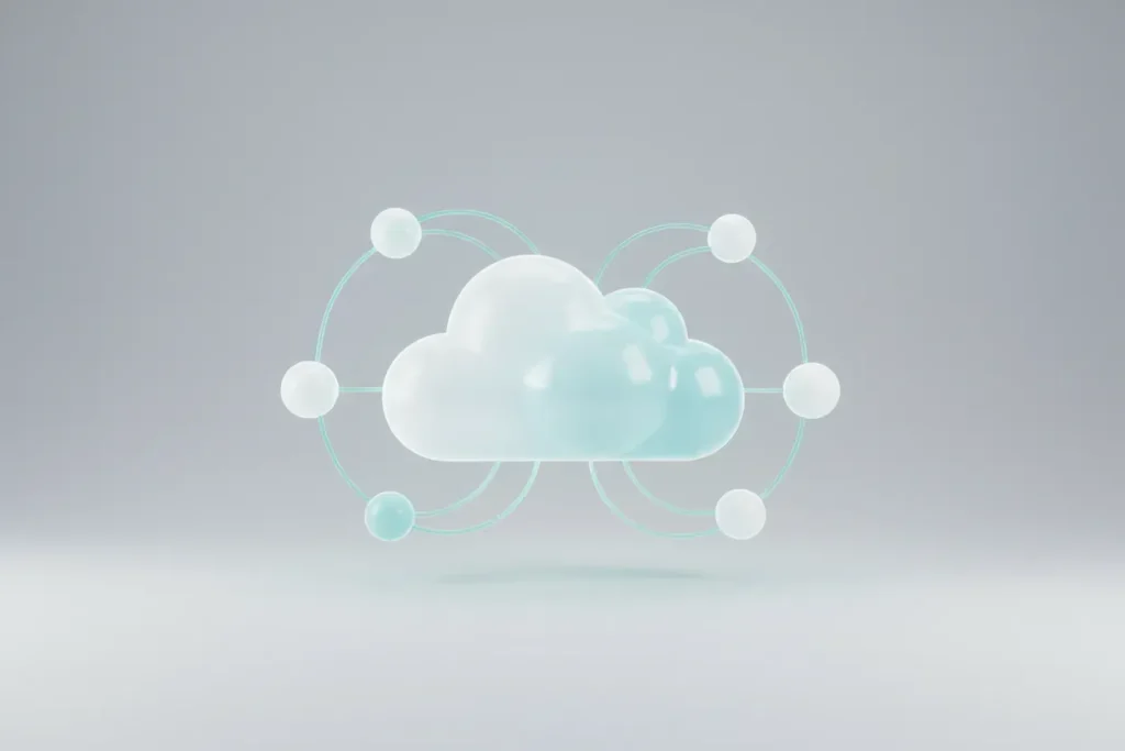 Glowing cloud-based collaboration hub with connected nodes on a soft gray background