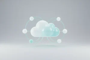 Glowing cloud-based collaboration hub with connected nodes on a soft gray background