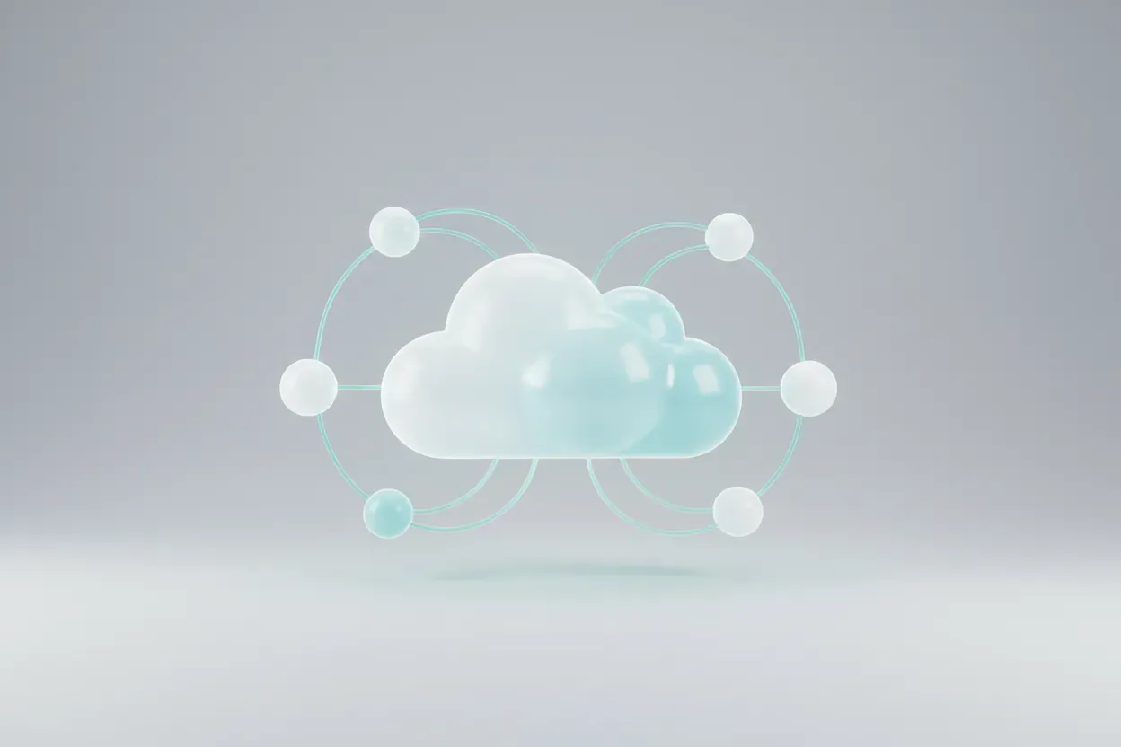 Glowing cloud-based collaboration hub with connected nodes on a soft gray background