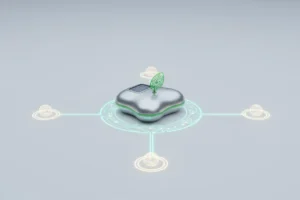 Smart sustainable-energy hub linked to glowing network nodes on a soft neutral background