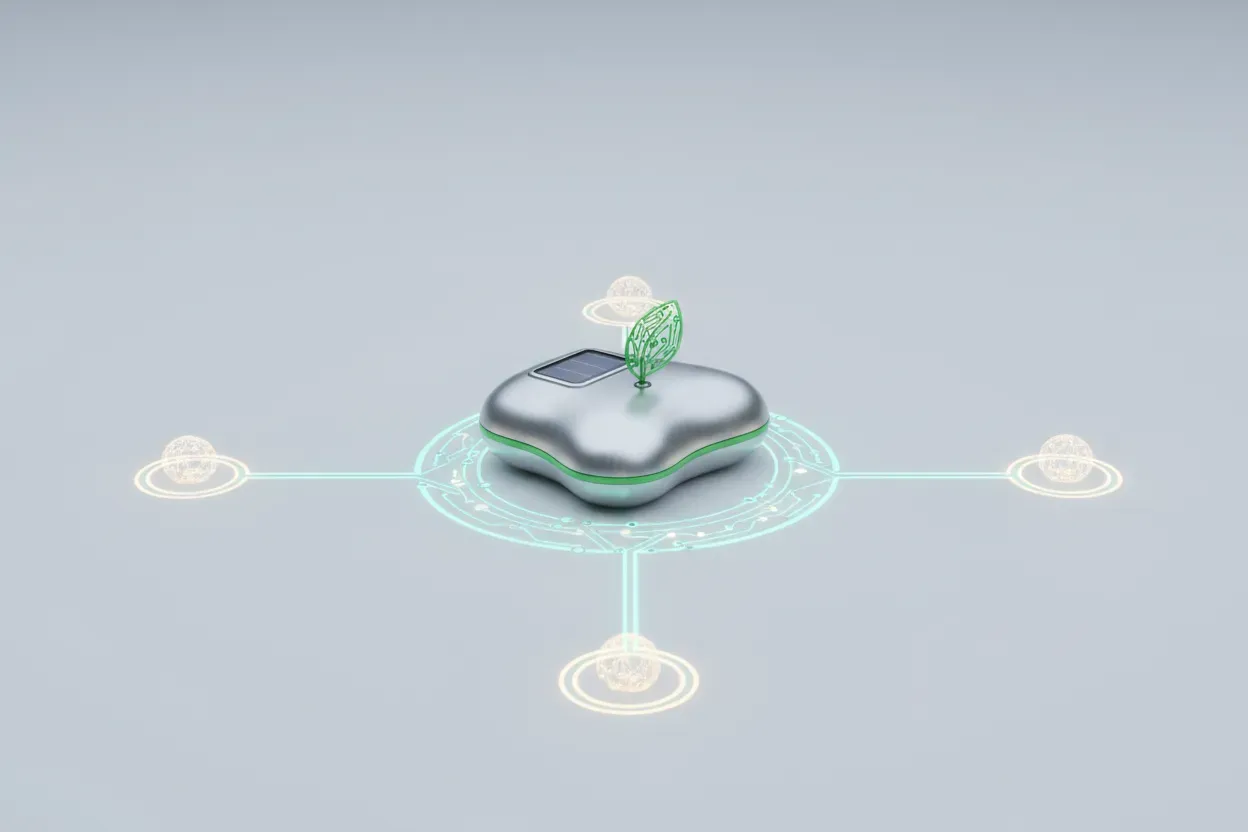 Smart sustainable-energy hub linked to glowing network nodes on a soft neutral background