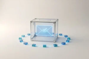 A secure digital ballot surrounded by connected blockchain blocks, symbolizing transparent and tamper-resistant voting.