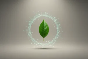 Green leaf surrounded by a glowing digital network, symbolizing technology connecting sustainability communities.