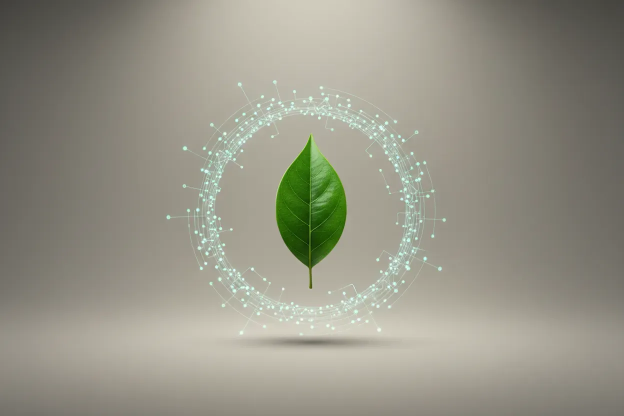 Green leaf surrounded by a glowing digital network, symbolizing technology connecting sustainability communities.