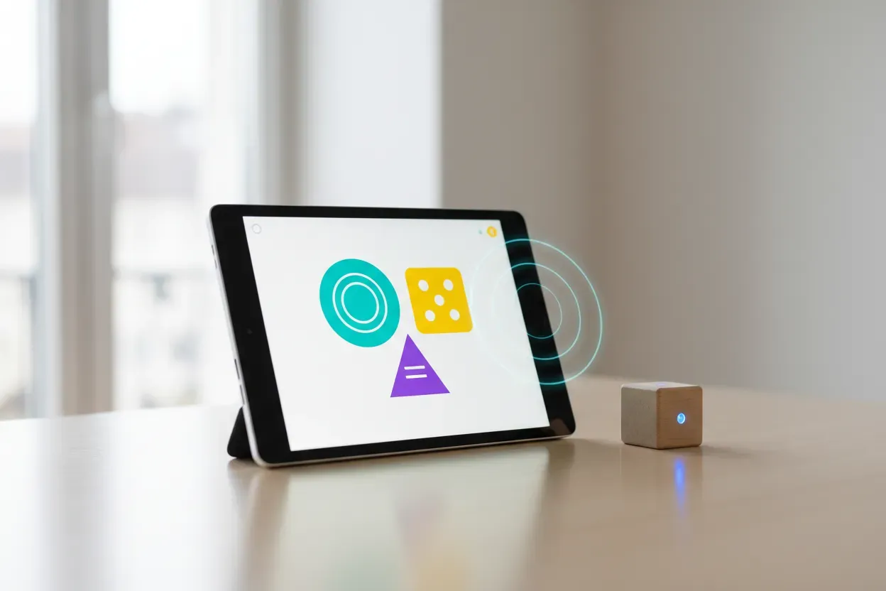 Smart educational tablet wirelessly connected to a sensor-enabled learning block on a neutral background