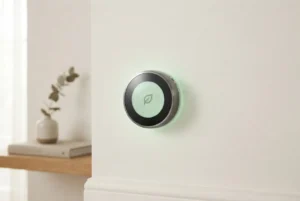 Smart thermostat glowing with a green leaf symbol, representing technology-driven energy savings and reduced environmental impact.