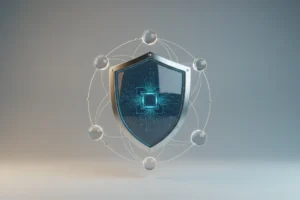 Glowing digital identity shield connected to a small network of CRM nodes on a soft neutral background