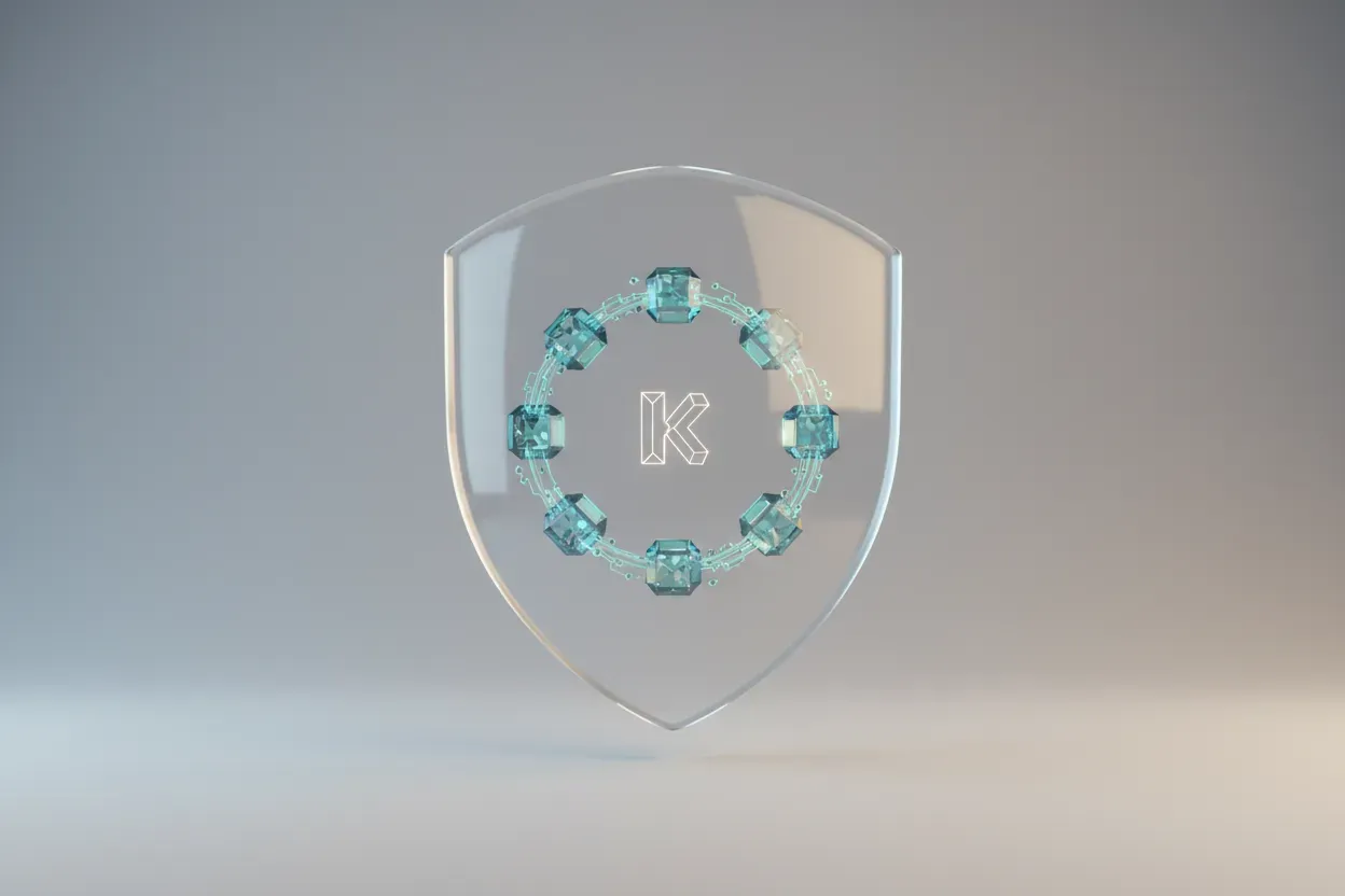 Translucent identity shield with a digital key and linked blockchain blocks, symbolizing private, user-controlled digital identity.