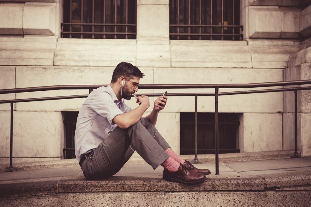 Brown leather shoes, man, earphones, and fashion