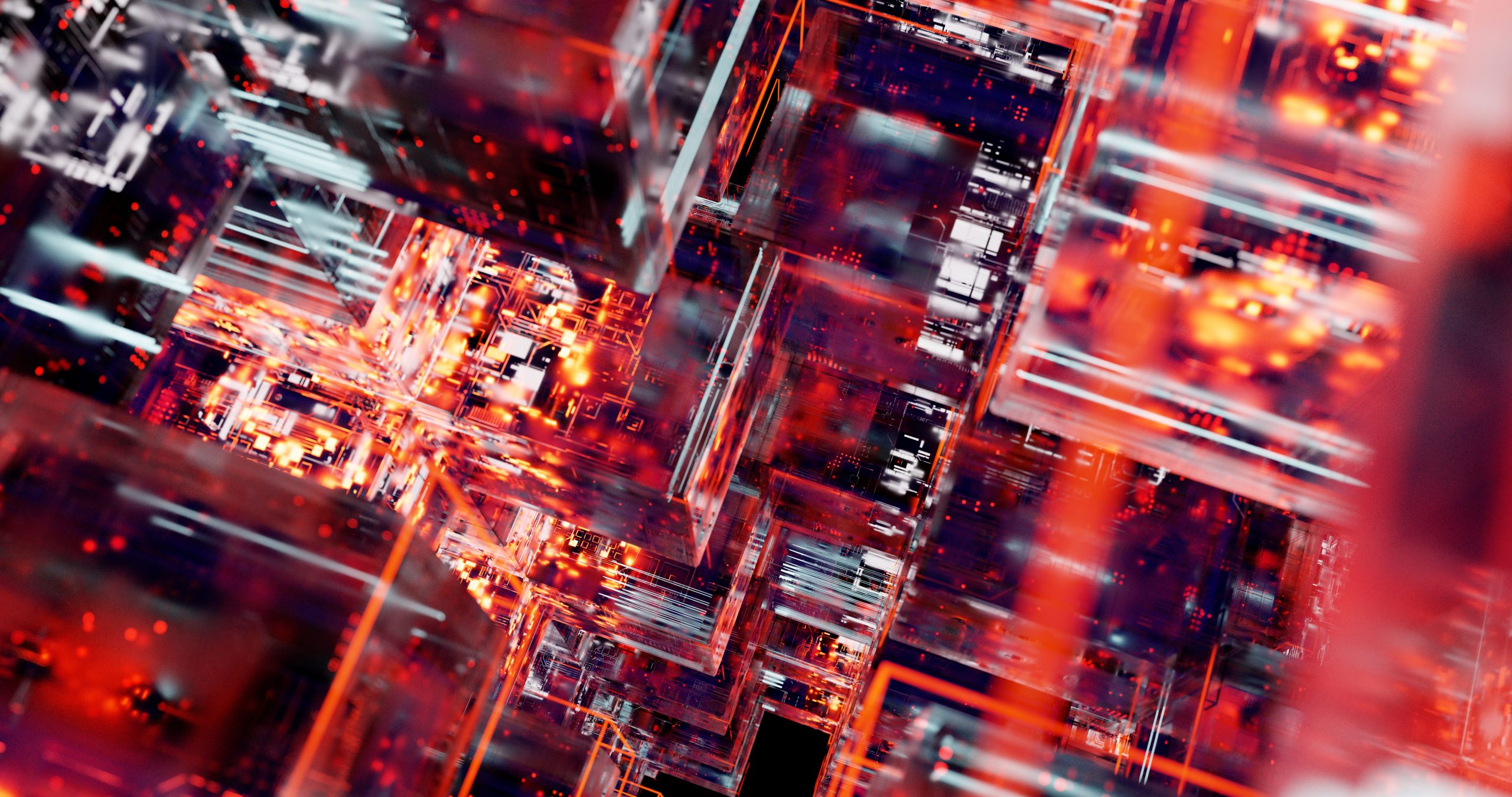 A close-up abstract visualization of a digital circuit board, showcasing intricate structures and lighting