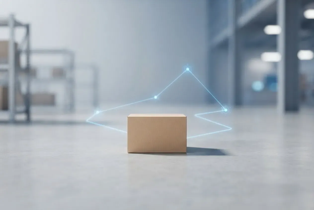 Smart shipping parcel connected to glowing digital tracking nodes, representing improved supply chain visibility.