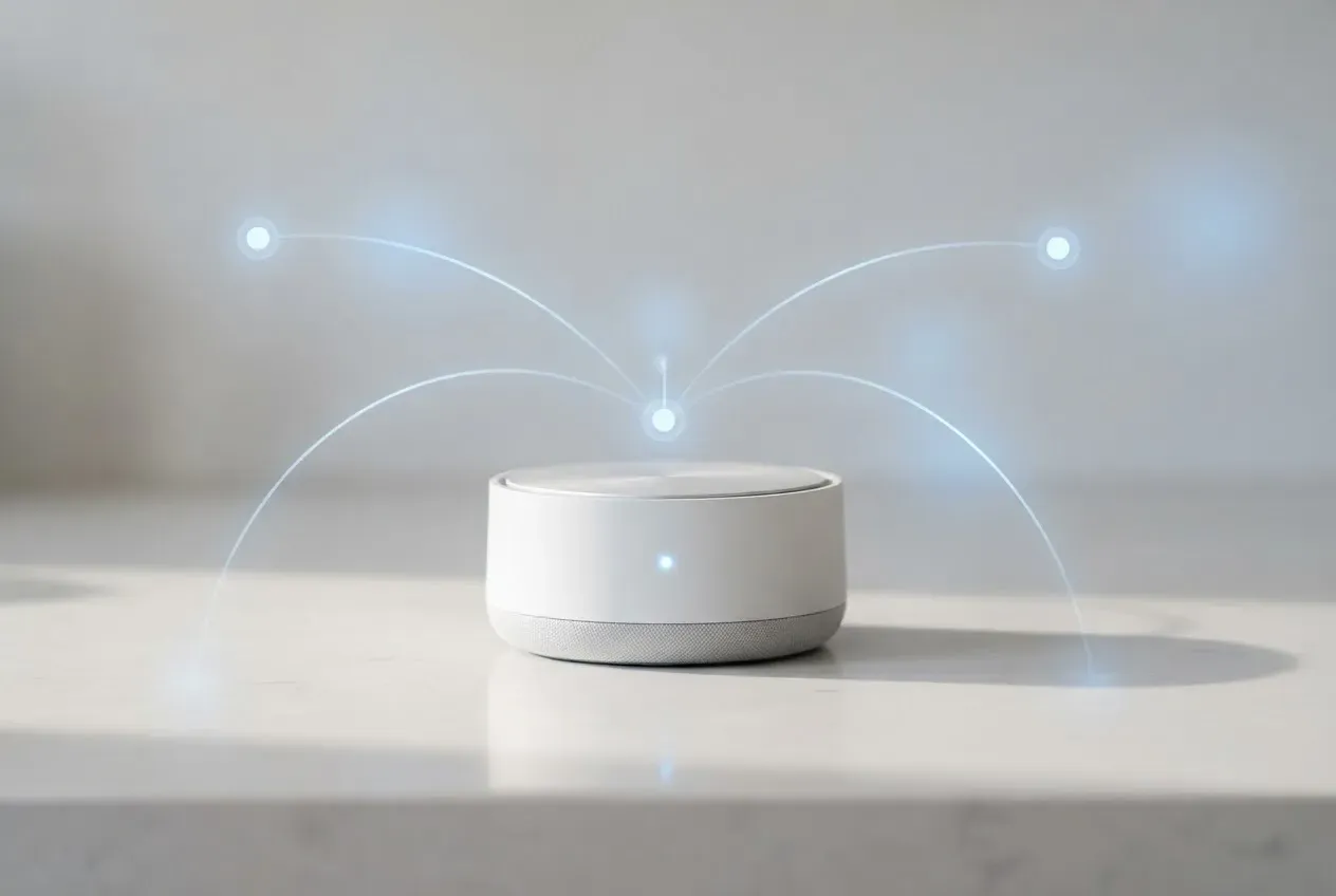 Smart home hub with glowing connections symbolizing IoT-enabled communication with family and friends