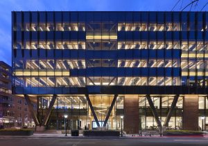 Penn Engineering building illuminated at dusk