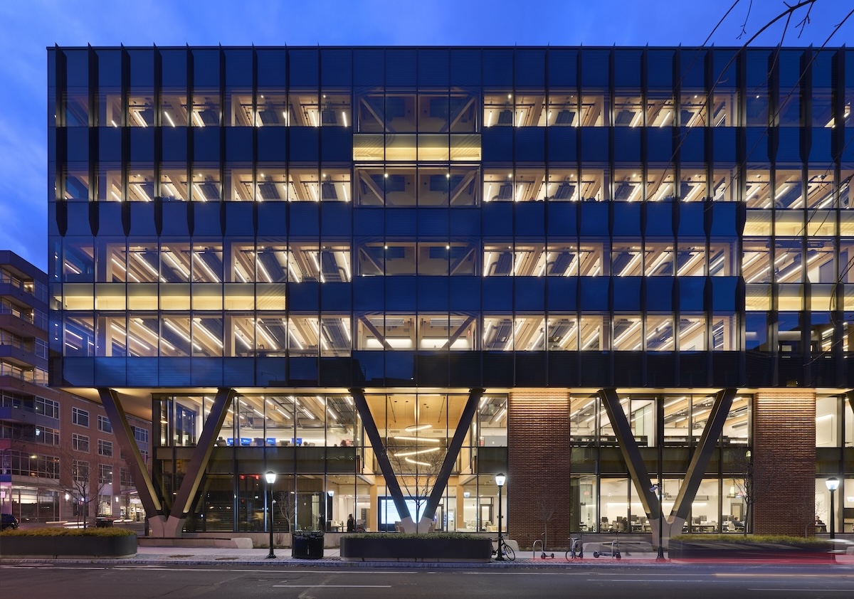 Penn Engineering building illuminated at dusk