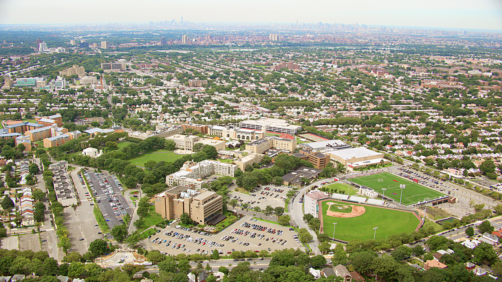 Aerial view of St. John’s University campus in Queens